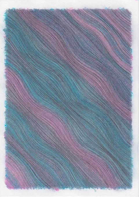 Fine turquoise, purple and graphite lines gather into slow diagonal waves