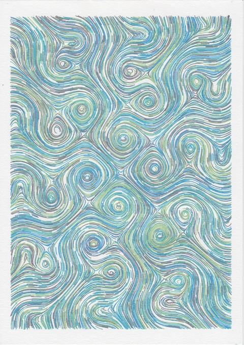 Flowing blue, green and black lines form a field of eddies