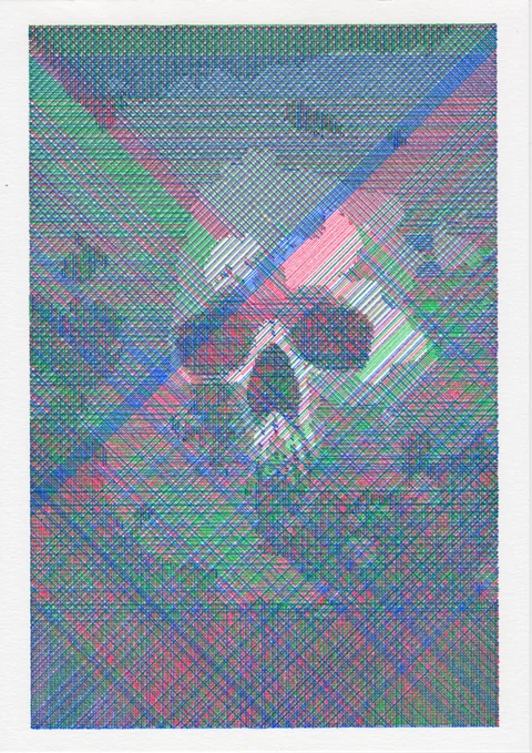 Layered blue, red and green crosshatching creates a glitchy skull