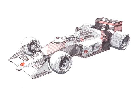 Detailed white, black and red line drawing of a Formula One car