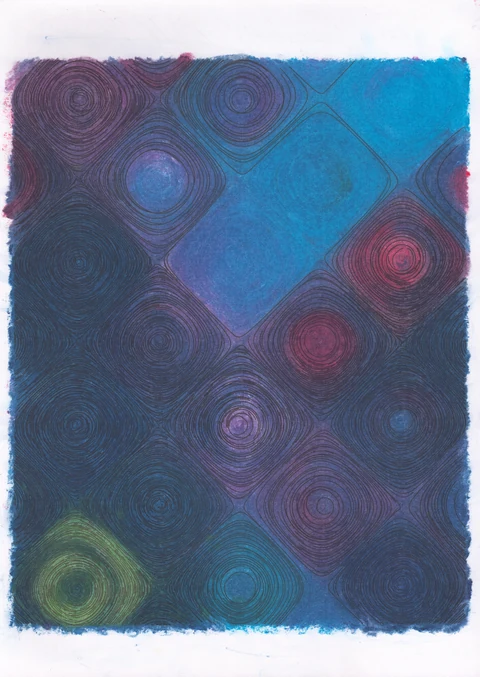 Concentric coloured forms emerge from a deep blue ground