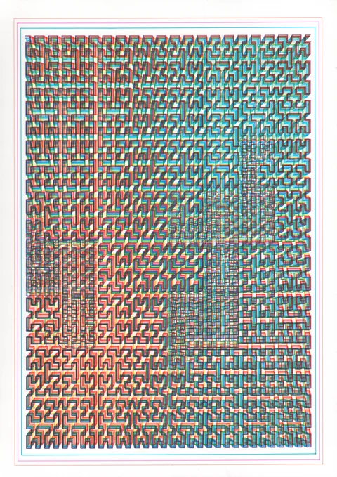 A dense geometric line pattern bends toward the centre