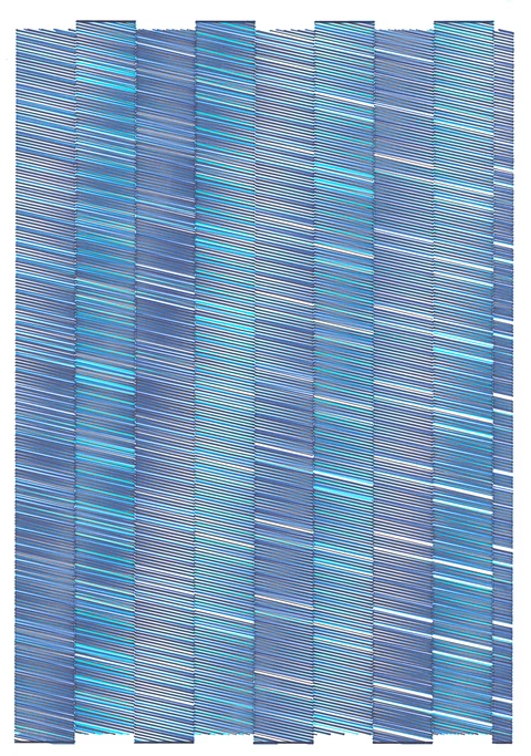 Fine blue horizontal lines form overlapping vertical columns