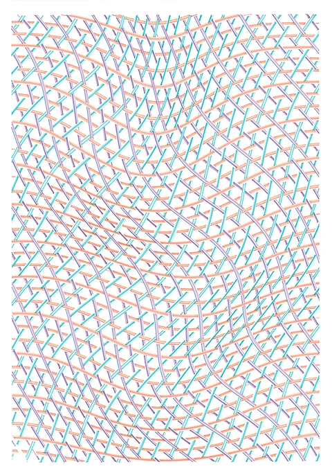Layered cyan, coral and purple lines form an irregular woven field