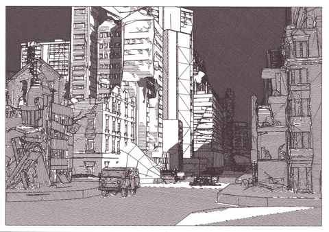 Dense black fineliner drawing of a futuristic city street between towering buildings