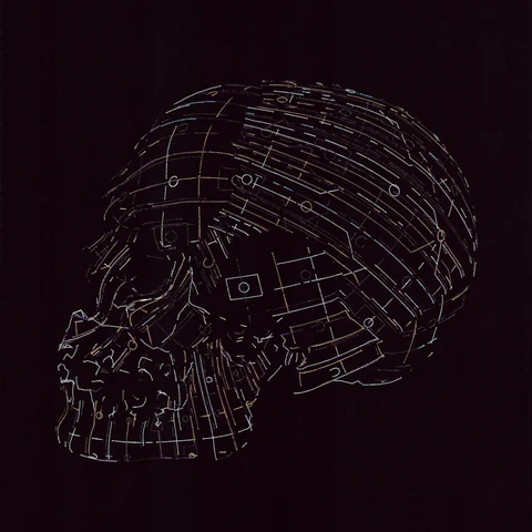 Multicoloured gel pen linework forms a skull on black paper