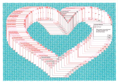 Cascading retro Windows error boxes form a large skull over a turquoise geometric background