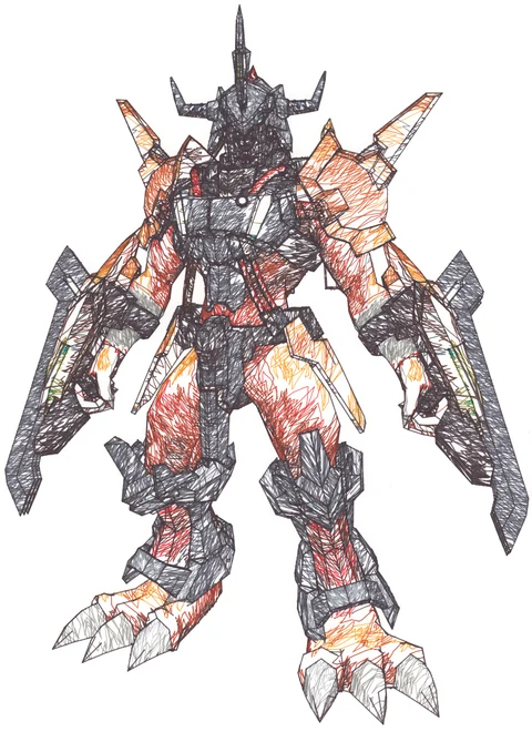 Angular black, orange and red pen drawing of a horned robot on white paper