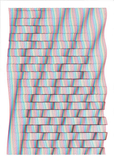 Dense vertical rainbow lines bend through stacked horizontal bands on white paper