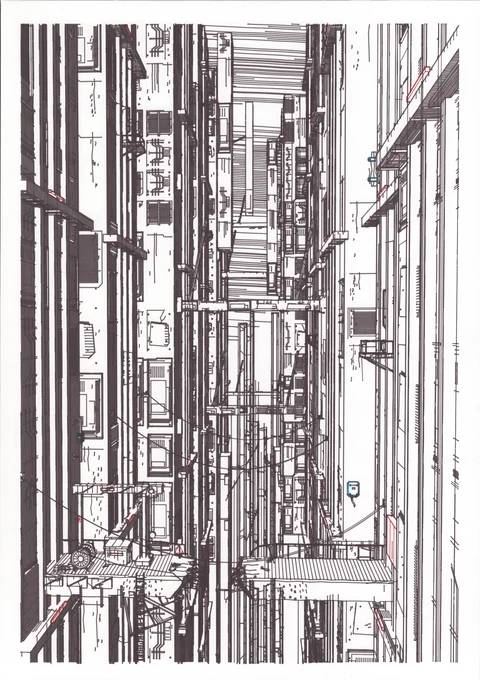 Dense architectural linework of an industrial passage, with layered beams, pipes, platforms and cables in dark ink and sparse red and teal accents on white paper