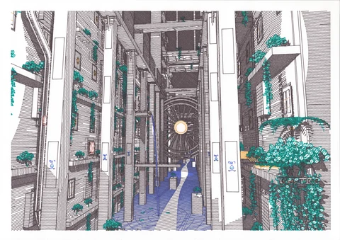 A tall architectural corridor lined with columns, balconies and cascading green plants, drawn in dense dark linework with a blue floor and a circular yellow light at the far end