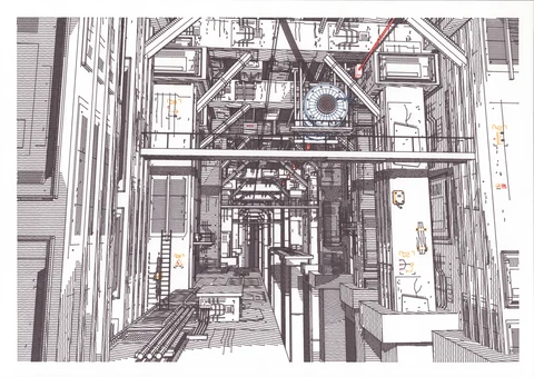 An industrial corridor recedes beneath layered beams, pipes and a circular ventilation fan, drawn in dense dark linework with sparse red, yellow and blue accents on white paper